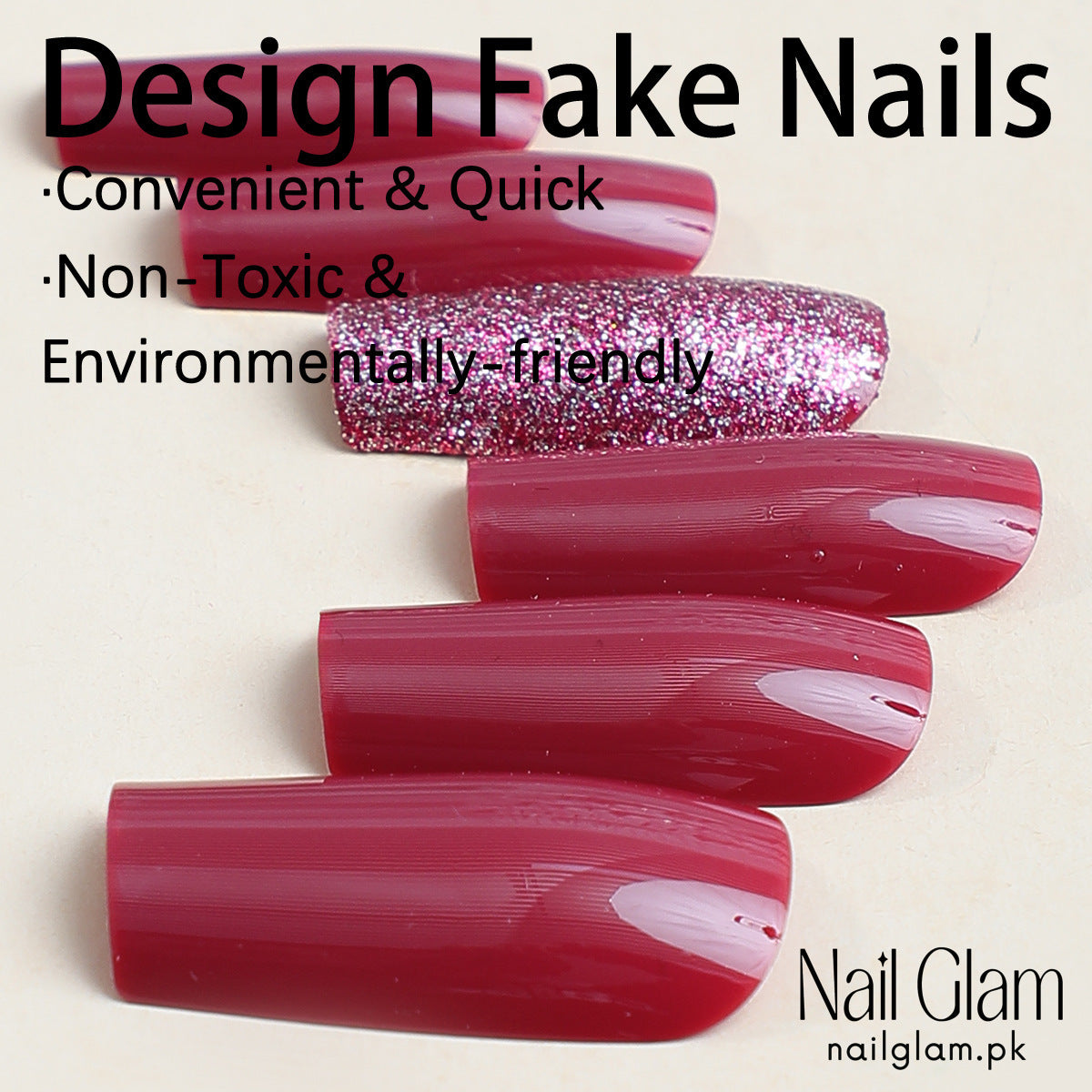 Nail Glam 477 - Ruby Red Sparkling Glitter (24Pcs) - Application Kit Included
