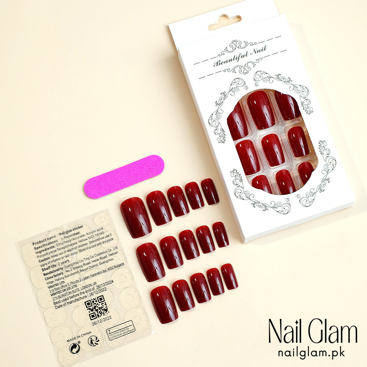 Nail Glam 478 - Rich Burgundy Shine (24Pcs) - Application Kit Included