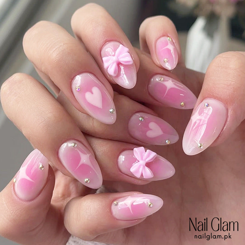 Nail Glam 485 - Pink Heart (24Pcs) - Application Kit Included