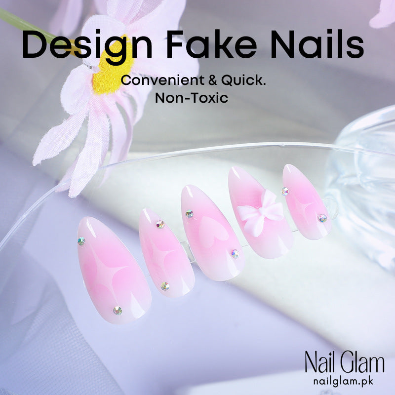Nail Glam 485 - Pink Heart (24Pcs) - Application Kit Included
