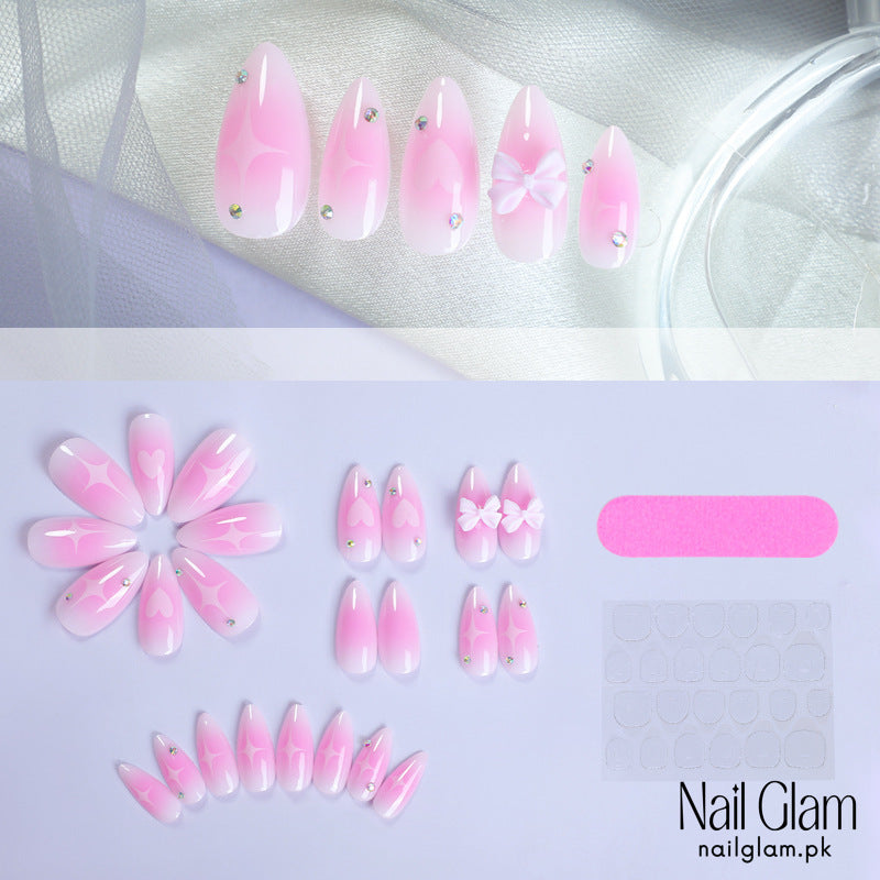 Nail Glam 485 - Pink Heart (24Pcs) - Application Kit Included