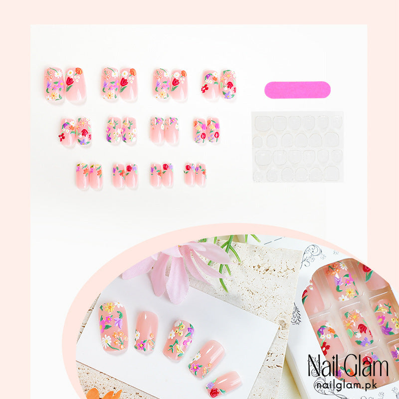 Nail Glam 486 - Floral Garden (24Pcs) - Application Kit Included