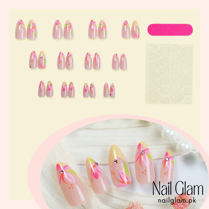 Nail Glam 498 - Tropical Bloom (24Pcs) - Application Kit Included
