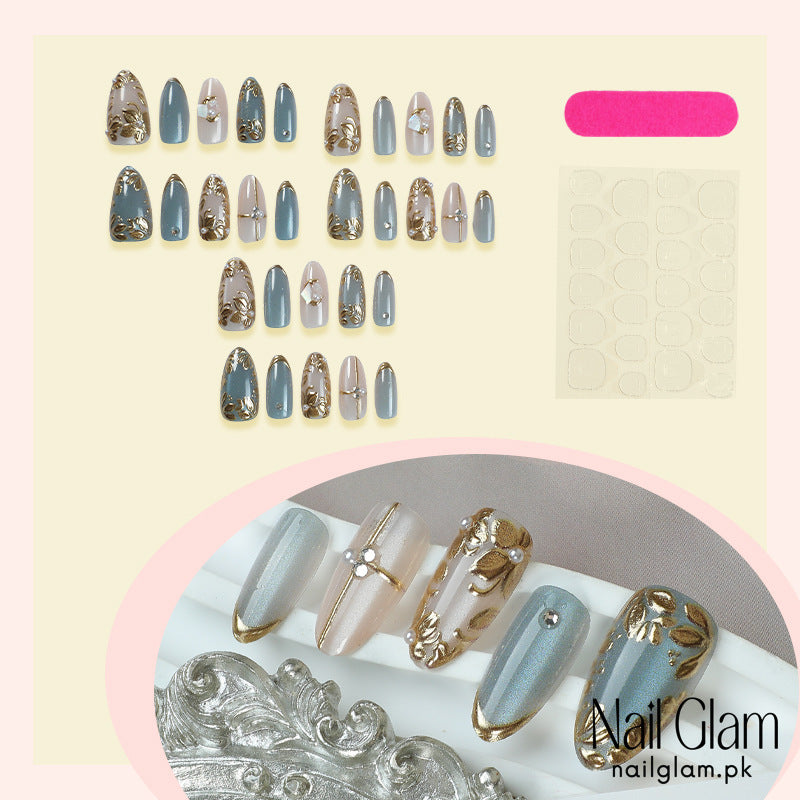 Nail Glam 510 - Golden Garden (30Pcs) - Application Kit Included