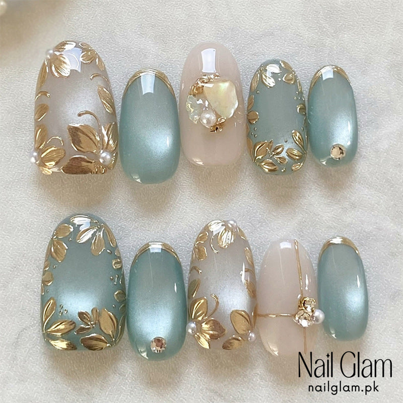 Nail Glam 510 - Golden Garden (30Pcs) - Application Kit Included