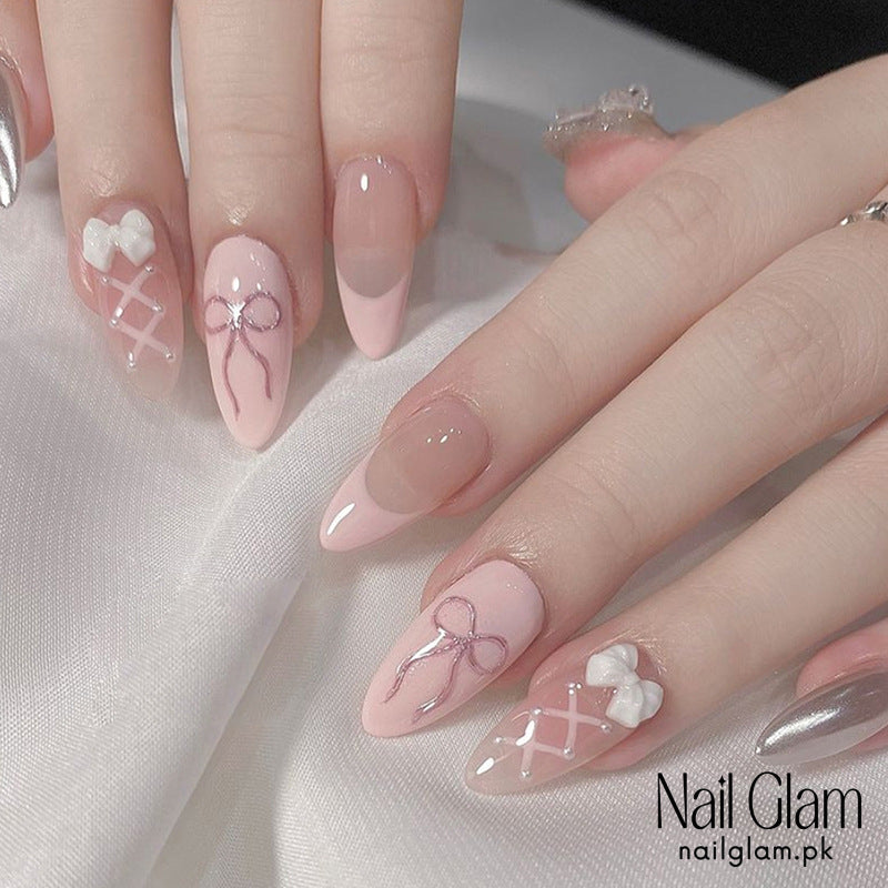 Nail Glam 521 - Elegant Pink Bow (30Pcs) - Application Kit Included