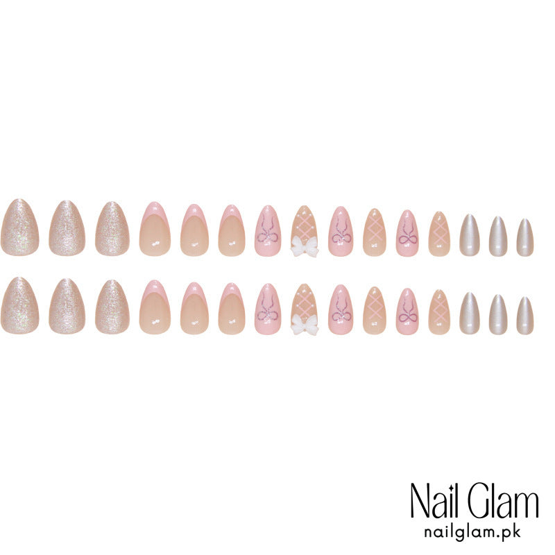 Nail Glam 521 - Elegant Pink Bow (30Pcs) - Application Kit Included