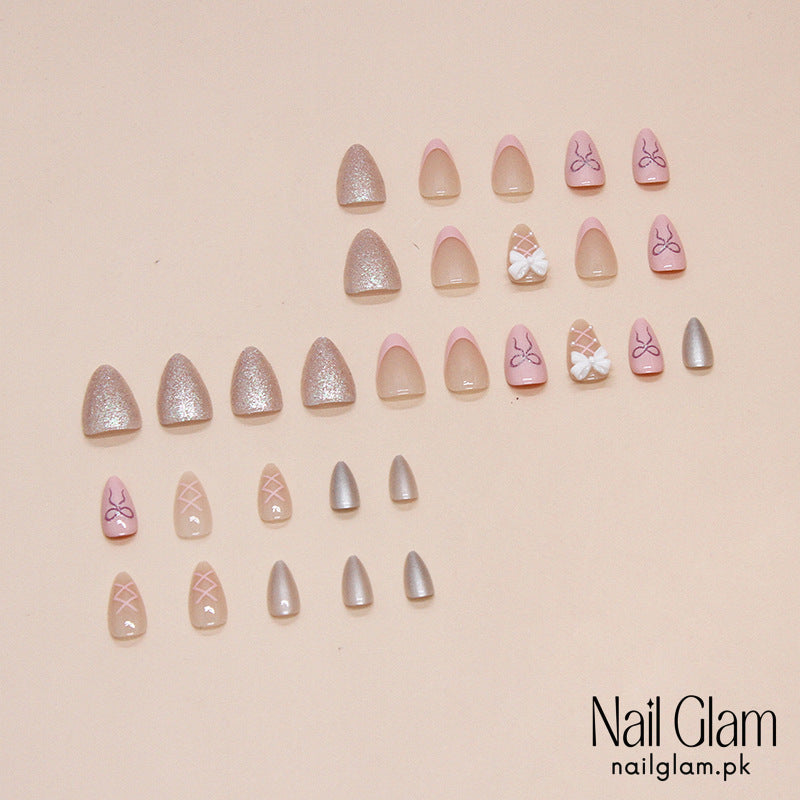 Nail Glam 521 - Elegant Pink Bow (30Pcs) - Application Kit Included