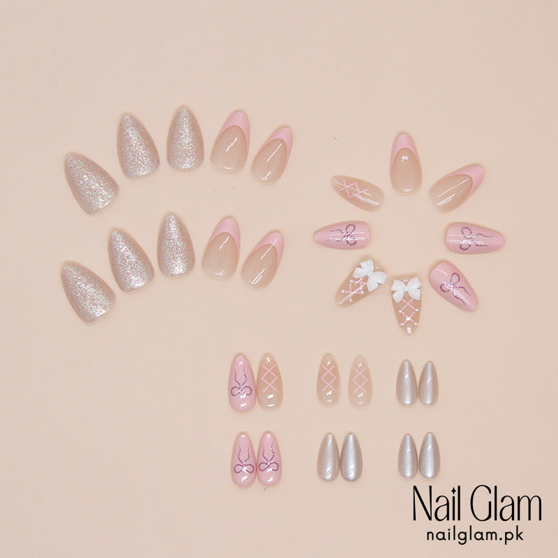 Nail Glam 521 - Elegant Pink Bow (30Pcs) - Application Kit Included