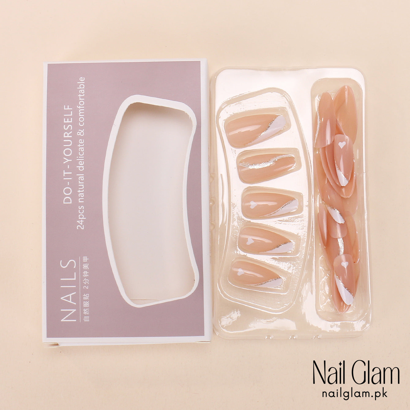 Nail Glam 533 - Delicate Heart Tips (24Pcs) - Application Kit Included