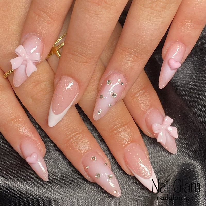 Nail Glam 538 - Pink Bow and Rhinestone (24Pcs) - Application Kit Included