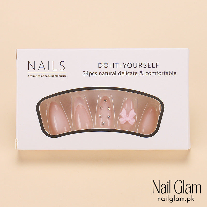 Nail Glam 538 - Pink Bow and Rhinestone (24Pcs) - Application Kit Included