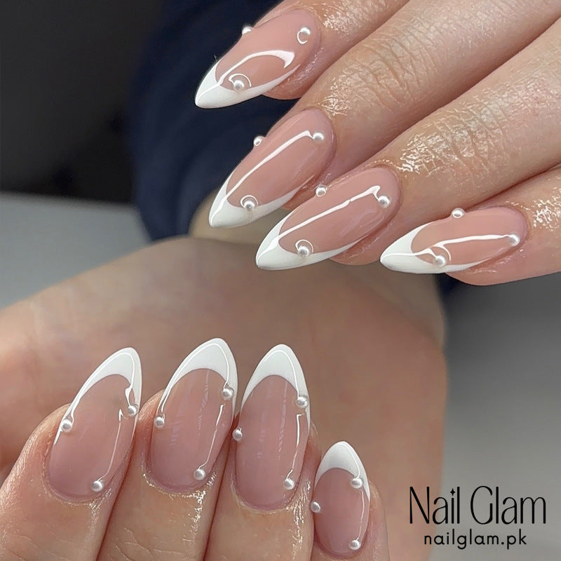Nail Glam 553 - Elegant Pearls and Curves (24Pcs) - Application Kit Included