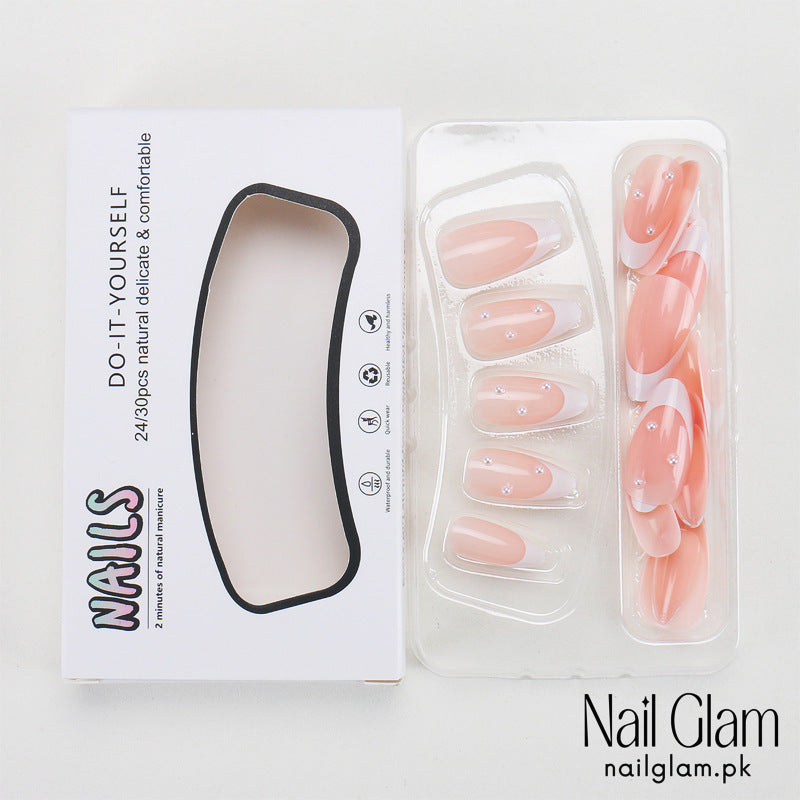 Nail Glam 553 - Elegant Pearls and Curves (24Pcs) - Application Kit Included