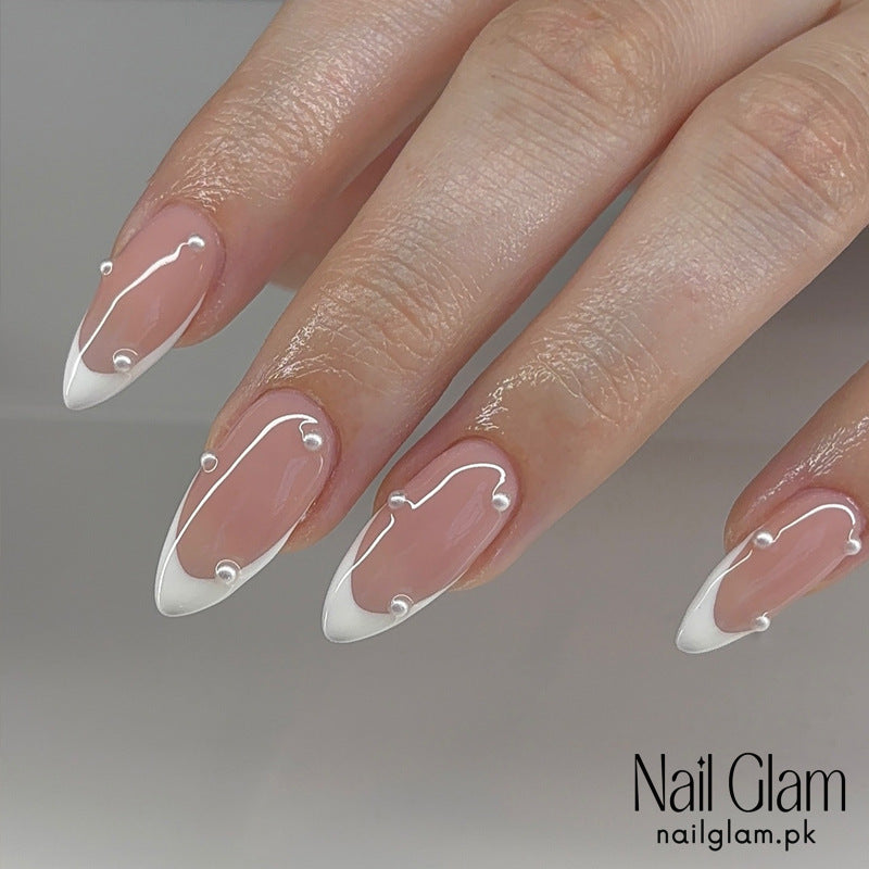 Nail Glam 553 - Elegant Pearls and Curves (24Pcs) - Application Kit Included