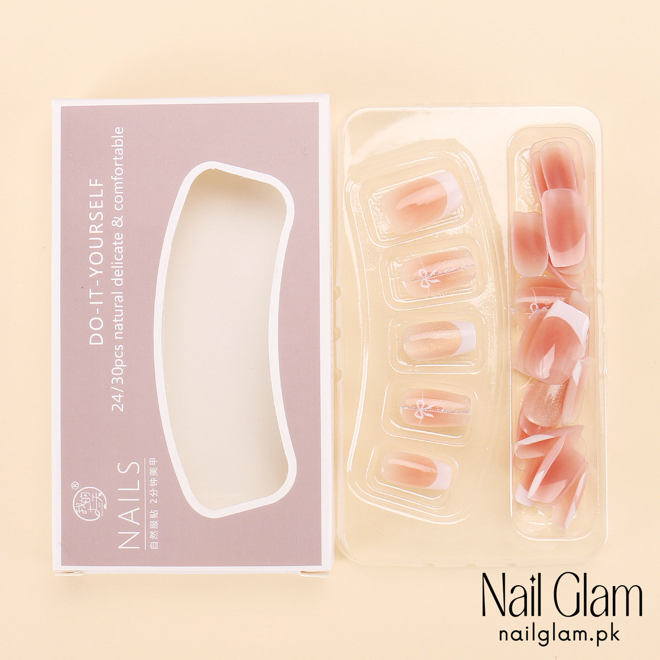 Nail Glam 555 - Delicate Pink French (30Pcs) - Application Kit Included