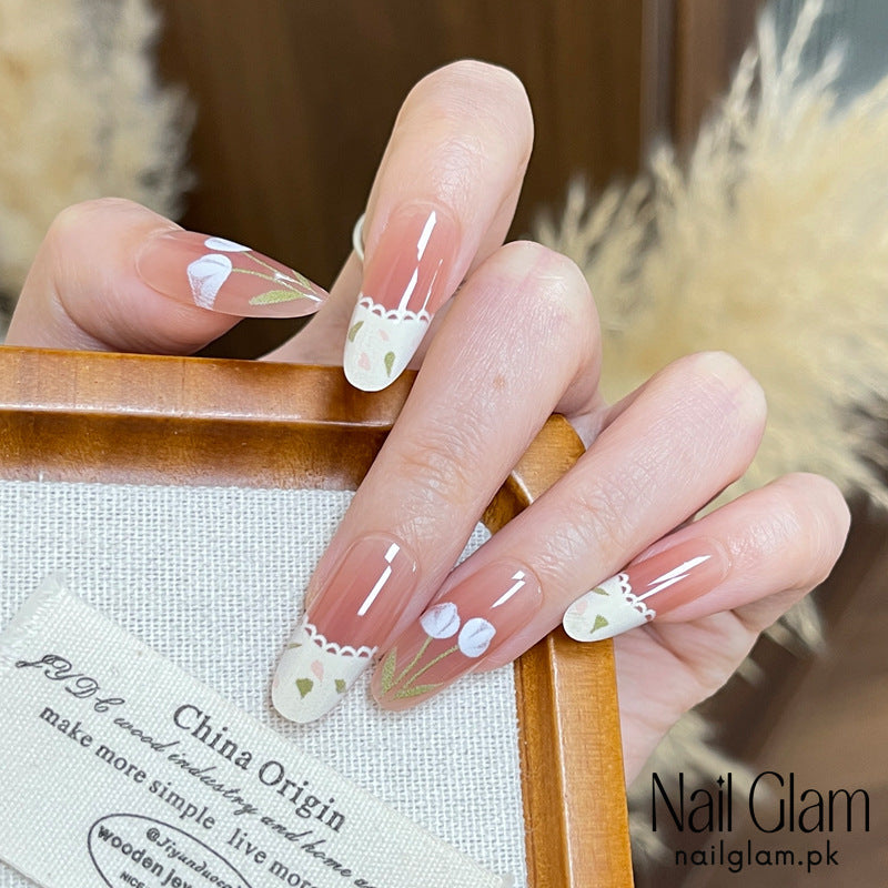 Nail Glam 560 - Floral French (30Pcs) - Application Kit Included