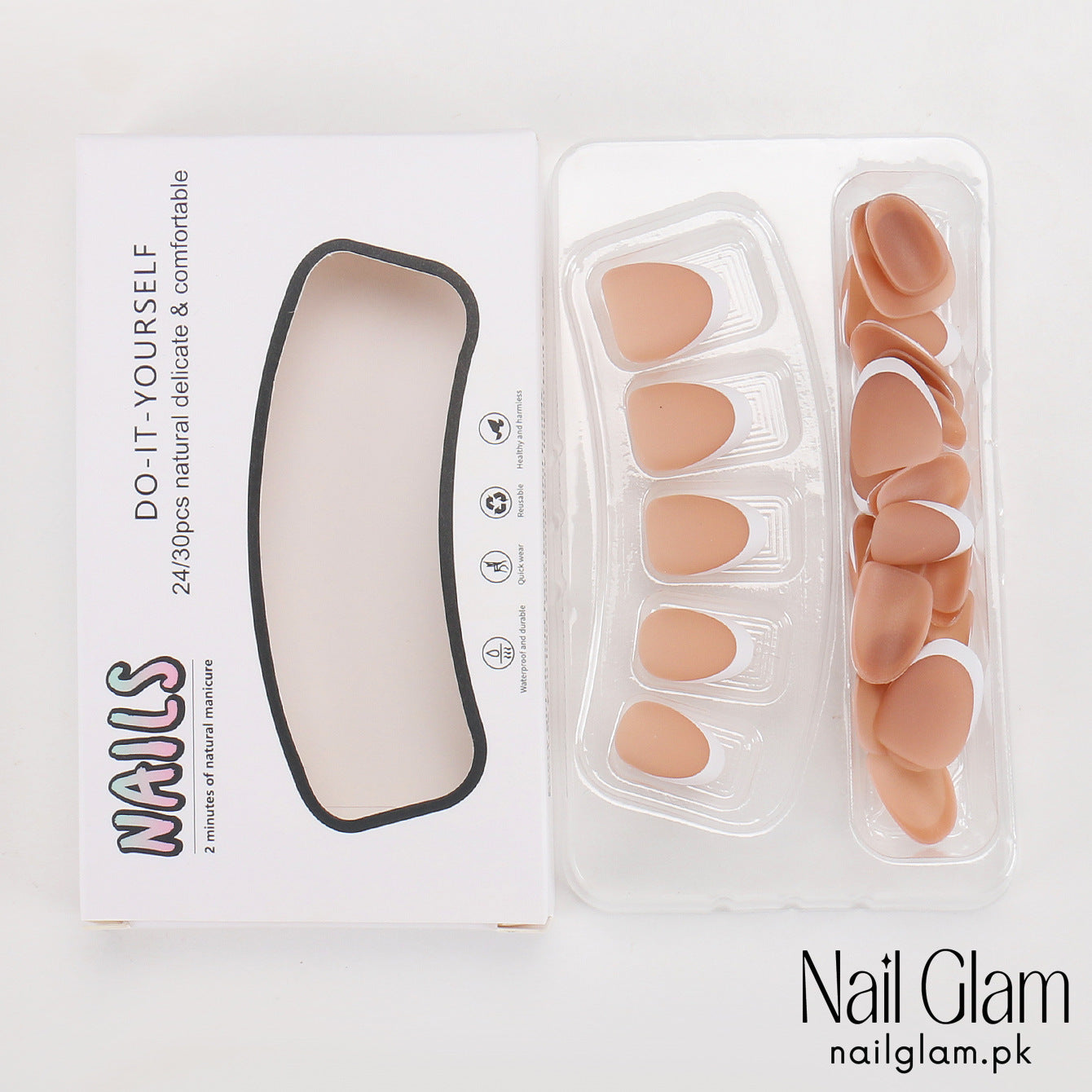 Nail Glam 564 - Nude French (24Pcs) - Application Kit Included