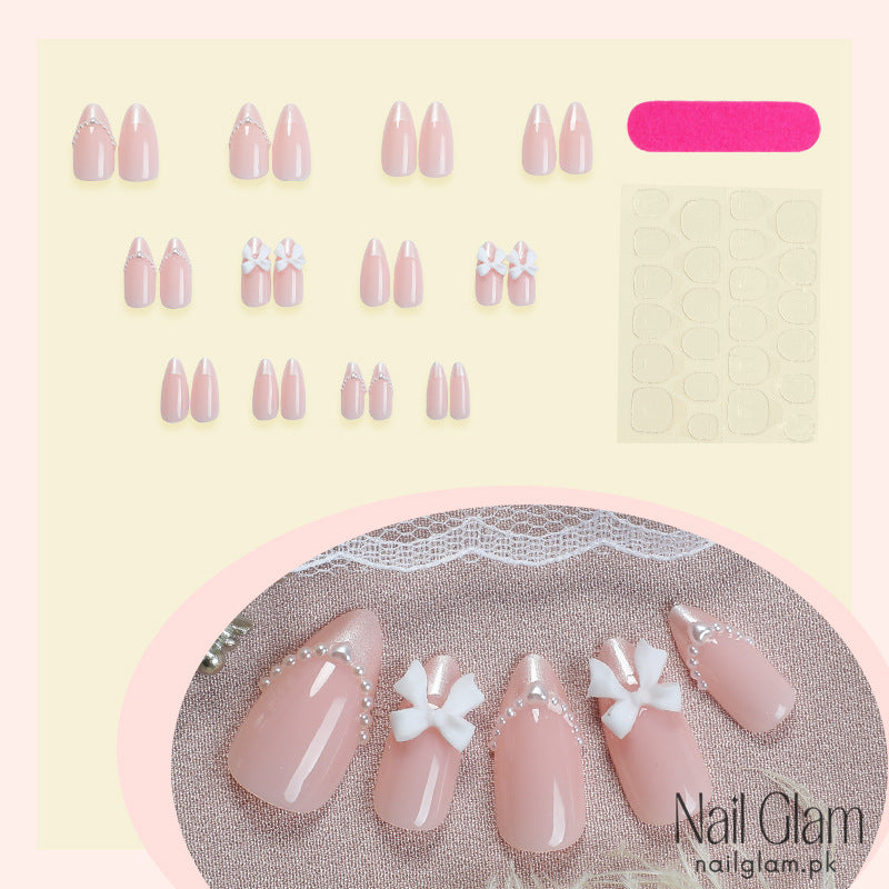 NailGlam 585 - Elegant 3D Bow Press-On Nail Set (24Pcs) - Application Kit Included