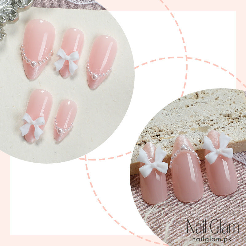 NailGlam 585 - Elegant 3D Bow Press-On Nail Set (24Pcs) - Application Kit Included