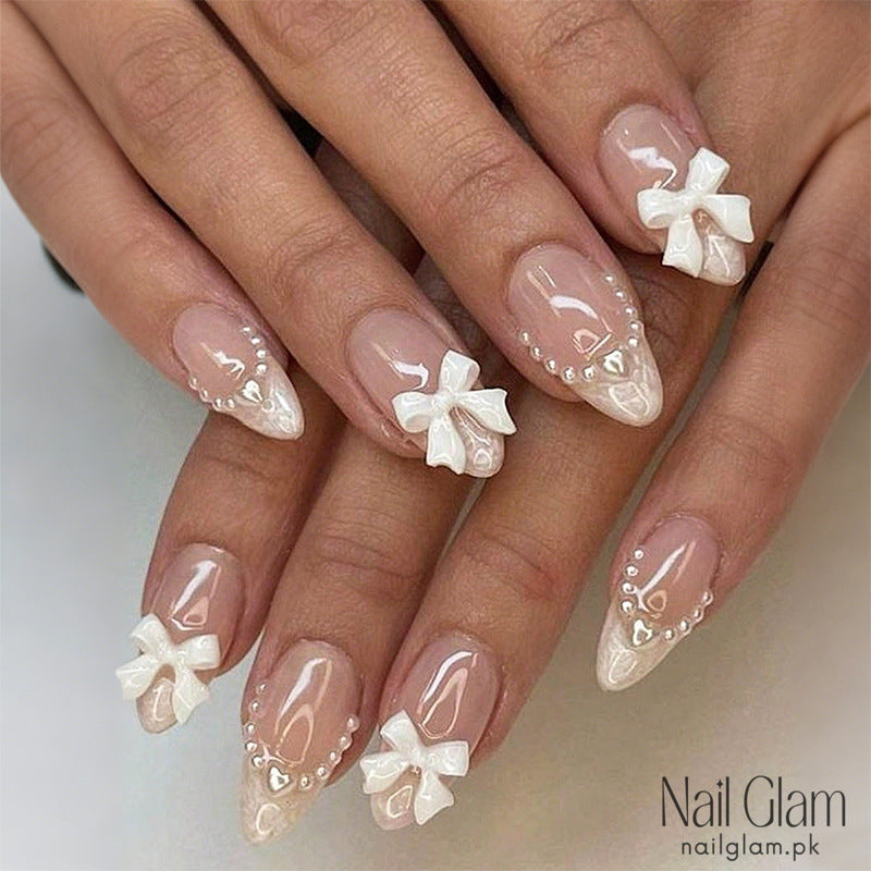 NailGlam 585 - Elegant 3D Bow Press-On Nail Set (24Pcs) - Application Kit Included