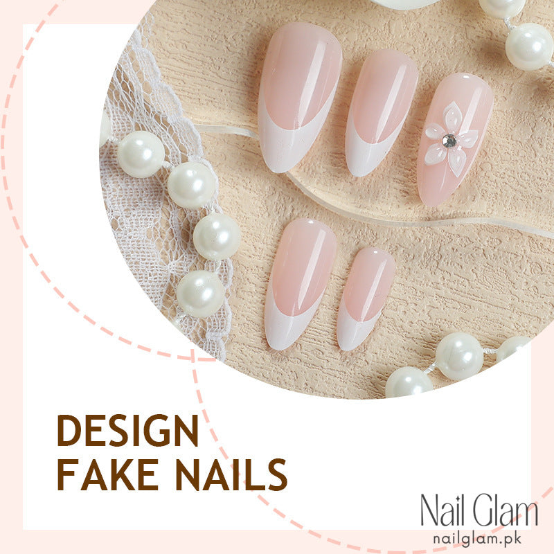 Floral Accent Almond Press-On Nail Set (24Pcs) - Application Kit Included