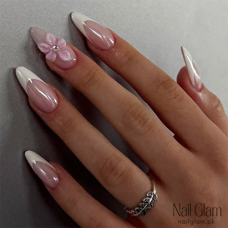 Floral Accent Almond Press-On Nail Set (24Pcs) - Application Kit Included