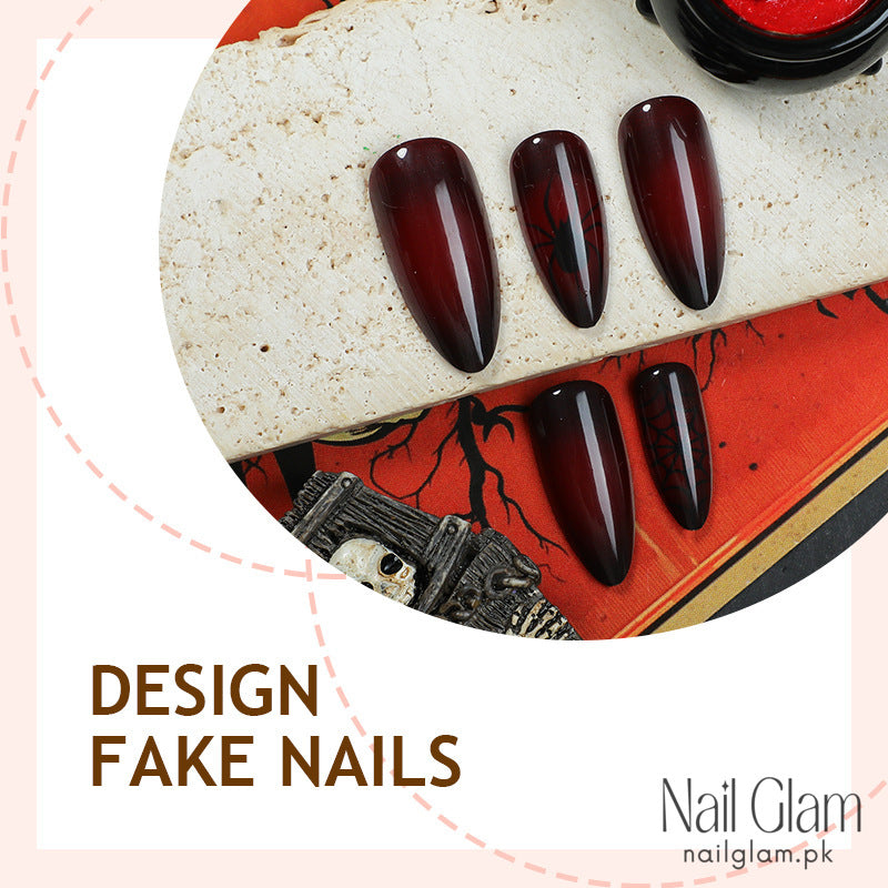 NailGlam 596 - Blood Red Night Spider Web (24Pcs) - Application Kit Included