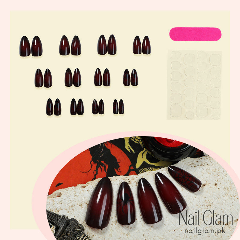 NailGlam 596 - Blood Red Night Spider Web (24Pcs) - Application Kit Included