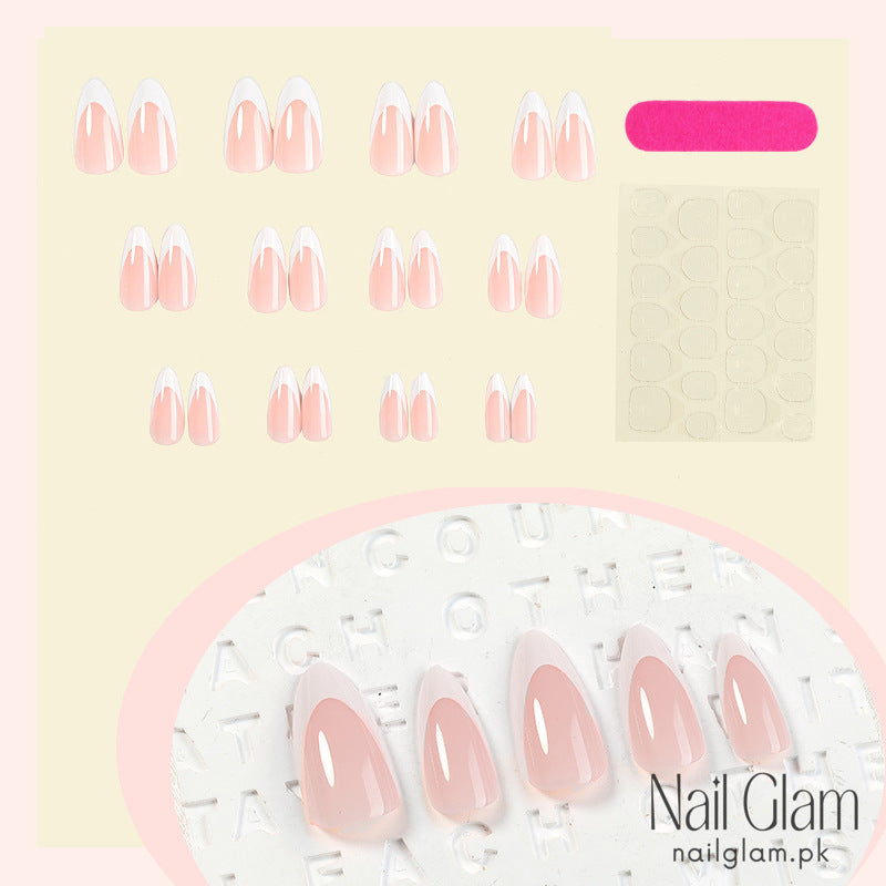 French Tip Almond Press-On Nail Set (24Pcs) - Application Kit Included
