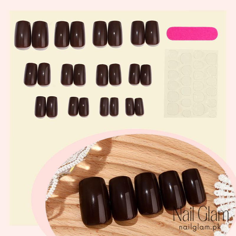 Dark Brown Press-On Nail Set (24Pcs) - Application Kit Included