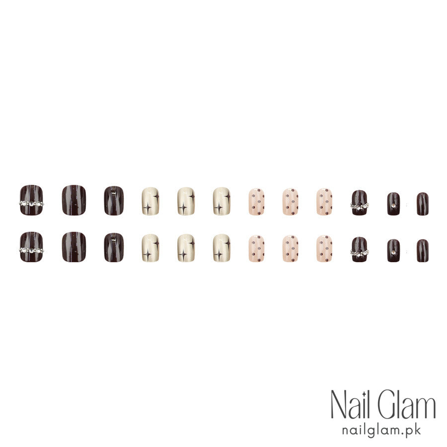 NailGlam 608 - Midnight Elegance Press-On Nail Set (24Pcs) - Application Kit Included