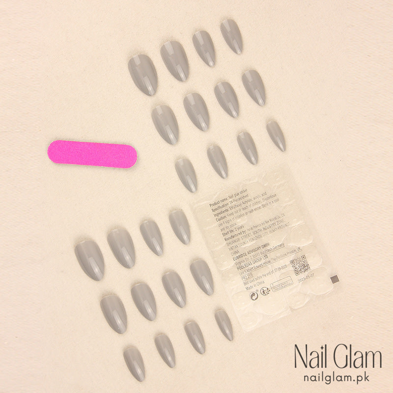 NailGlam 612 - Gray Solid Color (24Pcs) - Application Kit Included