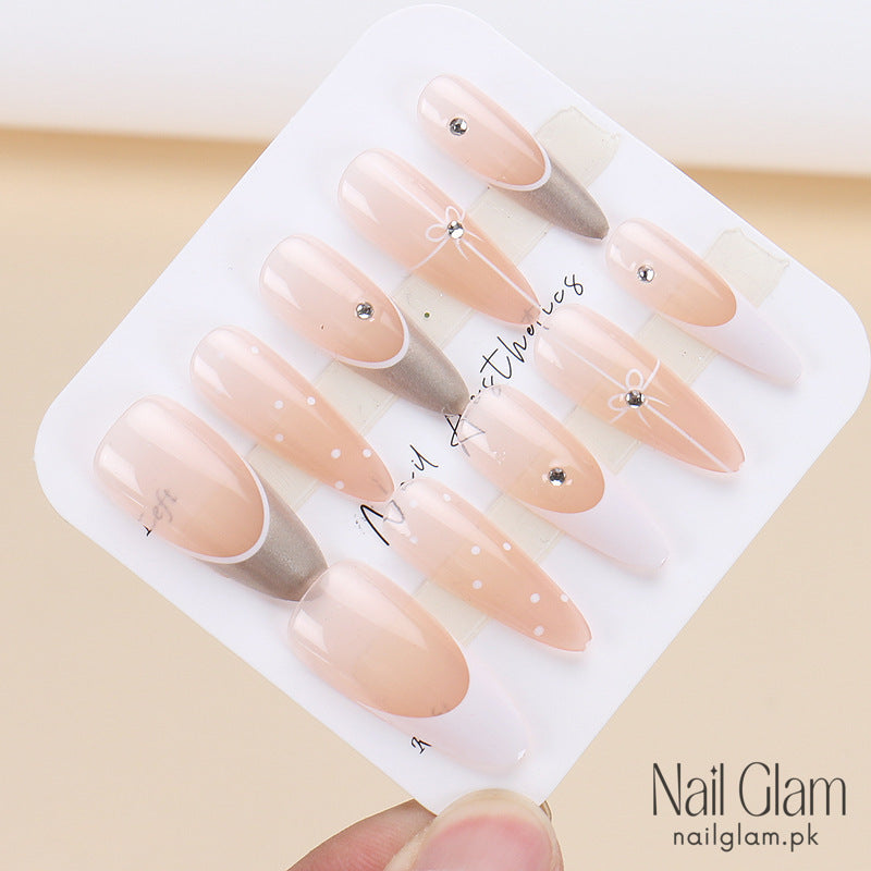 NailGlam 617 - Rhinestone Bow Tie French (30Pcs) - Application Kit Included