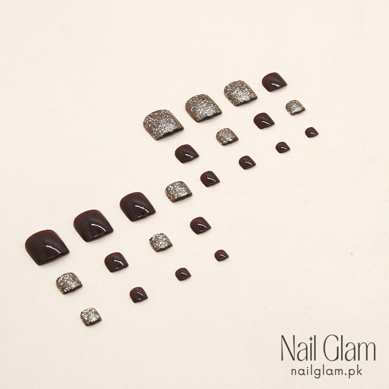 Burgundy & Glitter Toe Nails (24Pcs) - Nail Kit Included