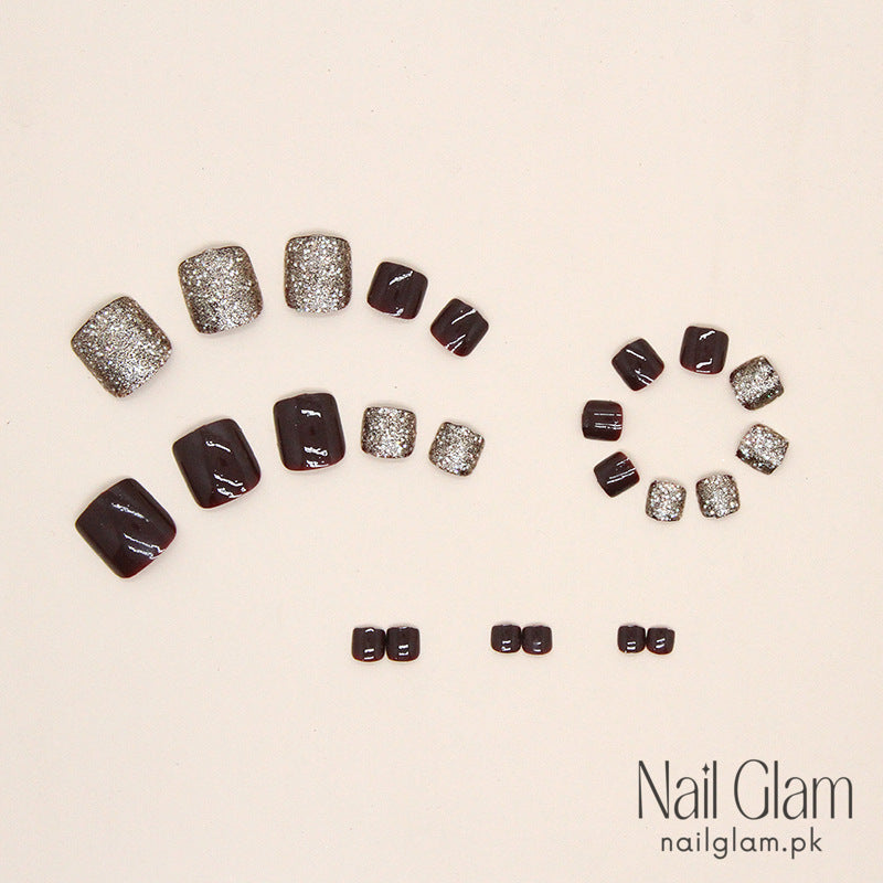 Burgundy & Glitter Toe Nails (24Pcs) - Nail Kit Included