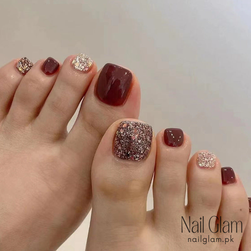 Burgundy & Glitter Toe Nails (24Pcs) - Nail Kit Included