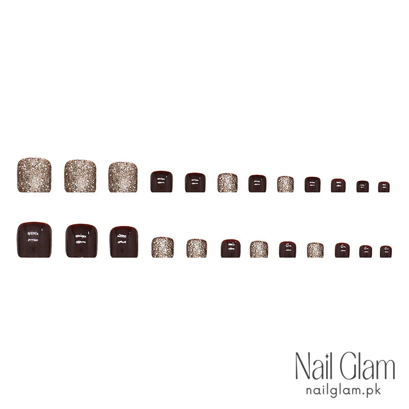 Burgundy & Glitter Toe Nails (24Pcs) - Nail Kit Included