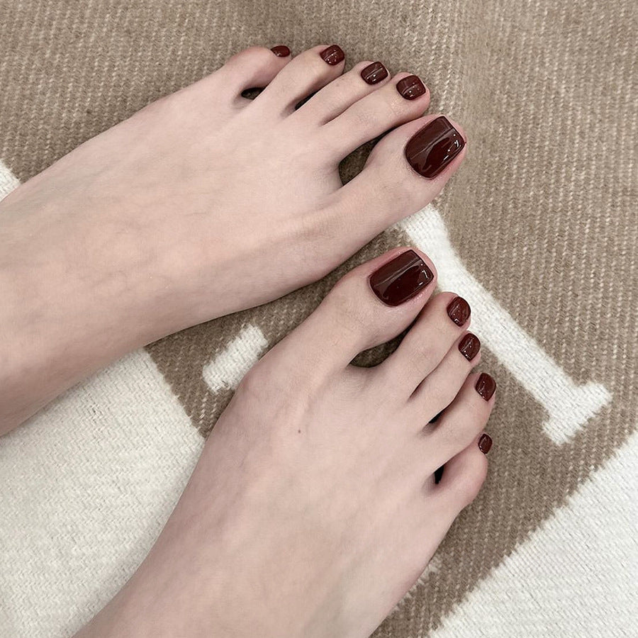 Nail Glam T24 - Rich Mahogany Red Press-On Toe Nails (24Pcs) - Application Nail Kit Included