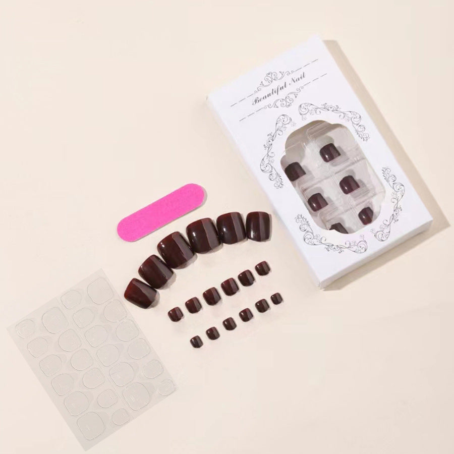 Nail Glam T24 - Rich Mahogany Red Press-On Toe Nails (24Pcs) - Application Nail Kit Included